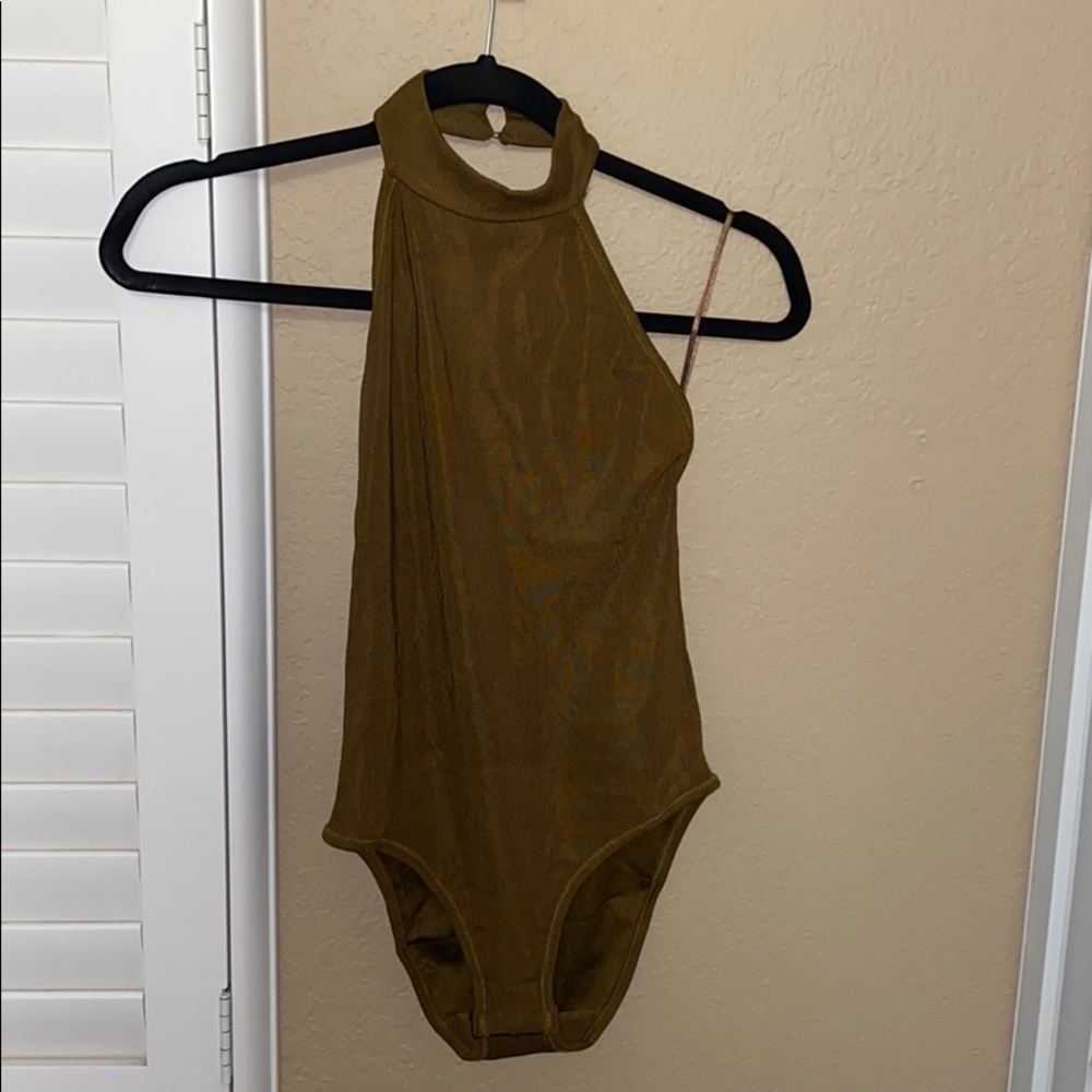 Dark Olive/Brown Backless Halter Bodysuit
